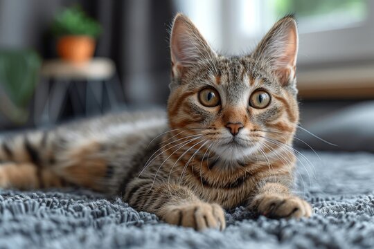 An attentive tabby cat lies on a soft, gray, textured rug, its sharp gaze fixed on something intriguing beyond the frame