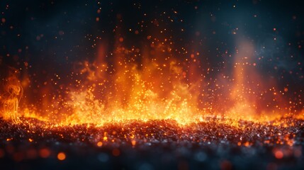 A fire is burning in the background of a black and red photo. The fire is surrounded by a lot of smoke and sparks, creating a dramatic and intense atmosphere. The photo captures the raw power
