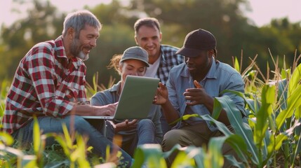 A group of various farmers are discussing a corn field. using successful agricultural laptops