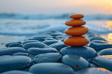A harmonious pile of balanced stones in the foreground against a soft sunset and calm ocean, evoking tranquility and balance - obrazy, fototapety, plakaty