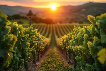 Breathtaking sunset casting golden hues over lush vineyard rows, symbolizing growth, agriculture, and the wine-making tradition