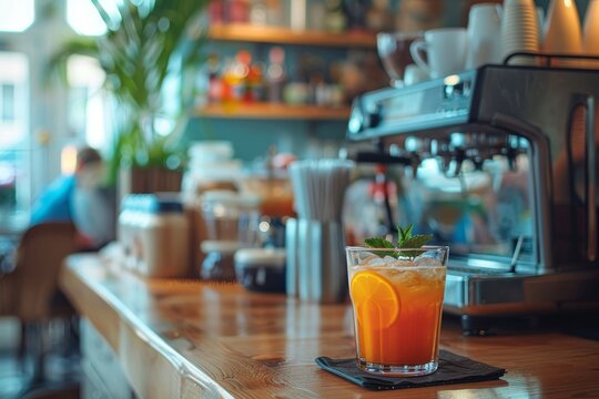 In the defocused background, a busy cafe setting with a professional espresso machine and bar accessories complement the image of a cool refreshing orange cocktail in the foreground