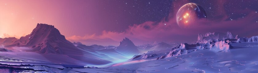 Journey across Ganymedes icy surface and explore the celestial sky in a virtual odyssey - obrazy, fototapety, plakaty