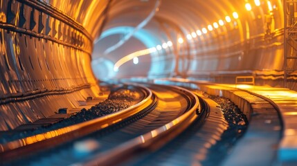 Blurred straight circular concrete train tunnel with light