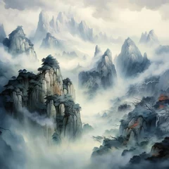 Foto op Aluminium Watercolor painting of a valley with mist in a fairytale atmosphere. © Gun