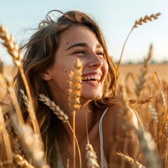 portrait of a smiling happy beautiful woman in a wheat field. Advertisement. 