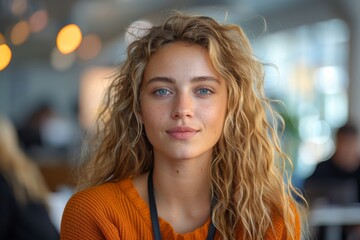 Calm portrait of a blonde woman with blue eyes and curly hair in a vibrant orange sweater
