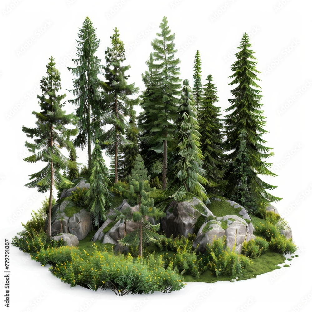 Canvas Prints green fir trees, forest landscape with grass and stones, cartoon style, 3d illustration, on a white 