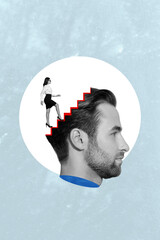 Vertical abstract photo collage young successful businesswoman climbing up ladder in man head...