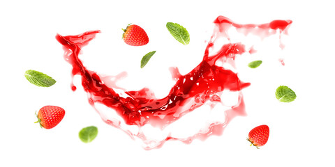 Strawberry juice splash with strawberry fruit isolated on white