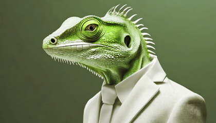 Profile of a green lizard in stylish white suit and Jacket. - obrazy, fototapety, plakaty