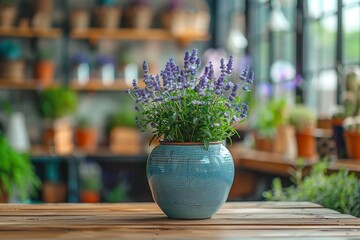 A beautifully composed image capturing a potted lavender plant with vibrant purple blooms in a...