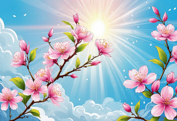 Spring flower branches against a background of bright blue sky
