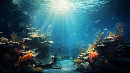 Beautiful seabed in shades of blue with algae and beautiful light