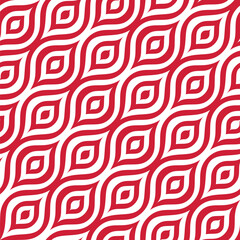 Red and white diagonal wavy stripes with concentric drop-shaped decorative elements. Geometric retro style. Seamless repeating pattern. Vector illustration.