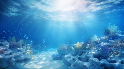 Beautiful seabed in shades of blue with algae and beautiful light - obrazy, fototapety, plakaty