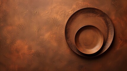 Earthy brown plates nested together on a textured brown background