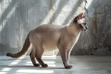 Adorable Burmese Cat Standing and Looking Behind. Grey Kitten Felino, Pet Animal Photography - obrazy, fototapety, plakaty