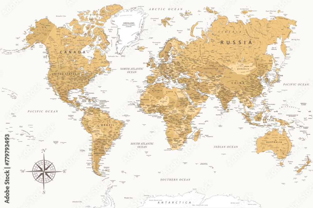 Poster World Map - Highly Detailed Vector Map of the World. Ideally for the Print Posters. Golden Spot Beige Retro Style.