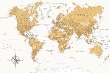 World Map - Highly Detailed Vector Map of the World. Ideally for the Print Posters. Golden Spot Beige Retro Style. - obrazy, fototapety, plakaty