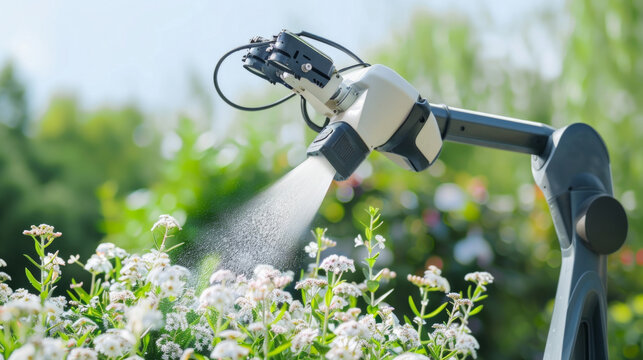 A robot is spraying water on a field of flowers