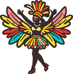 A vibrant illustration of a Colombian carnival dancer, adorned in a colorful feathered costume, radiating festive joy.