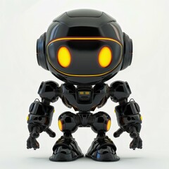 A cartoon robot in black.  Cute baby rainbow cyborg, retro, futuristic modern robot, android, toy character