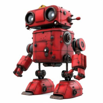 Cartoon robot, red colors.  Cute baby cyborg, retro, futuristic modern robot, android, toy character