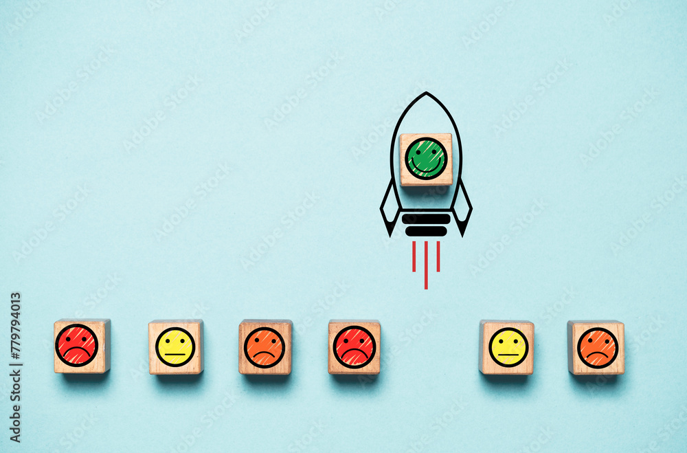 Poster Smile face icon inside rocket missile rising from sad face icon for customer excellent experience evaluation feedback and survey after use product and service concept.