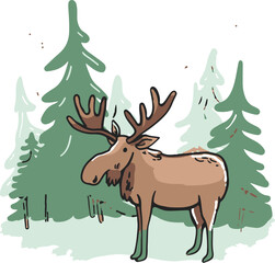 A simple flat illustration of a moose standing in the misty morning in Denali National Park