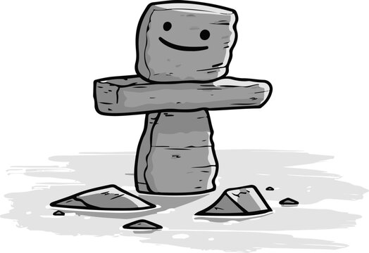 A simple flat illustration of an Inukshuk standing alone in the Arctic tundra