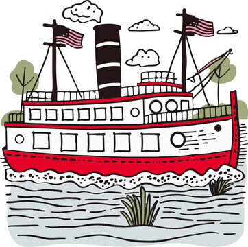 A simple flat illustration of a paddle steamer on the Mississippi River, capturing the spirit of Mark Twain's America