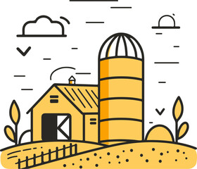 A simple flat illustration of a barn and silo in the Midwest during harvest season, symbolizing America's heartland - obrazy, fototapety, plakaty