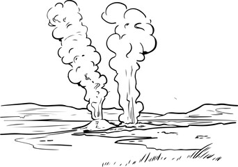 A simple flat illustration of the El Tatio geysers at dawn, with a black outline on a white background - obrazy, fototapety, plakaty