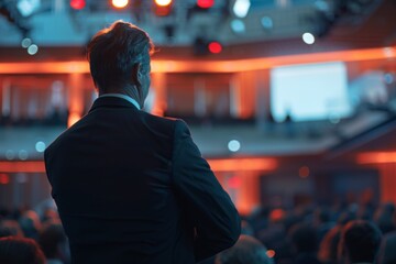 Mature businessman listens attentively at a corporate conference event with audience and presentation screen in background. - obrazy, fototapety, plakaty