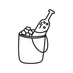 Celebration bottle of wine in ice bucket. Hand drawn doodle vector illustration of party
