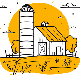 A simple flat illustration of a barn and silo in the Midwest during harvest season, symbolizing America's heartland
