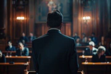Rear view of a confident lawyer standing in a courtroom, about to present a case before the judge and audience. - obrazy, fototapety, plakaty