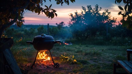 The barbecues ember glow a beacon in the summer night - obrazy, fototapety, plakaty
