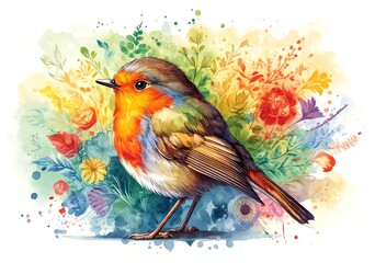 Watercolor Painting of Cute Robin Bird
