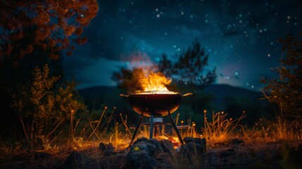 The barbecues ember glow a beacon in the summer night - obrazy, fototapety, plakaty