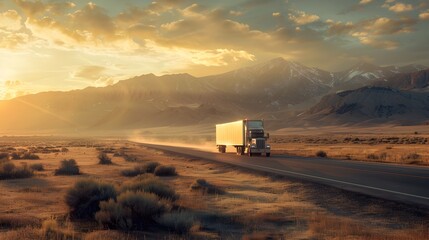 Semi Truck Traversing Scenic Mountain Road at Golden Sunrise with Vast Desert Landscape