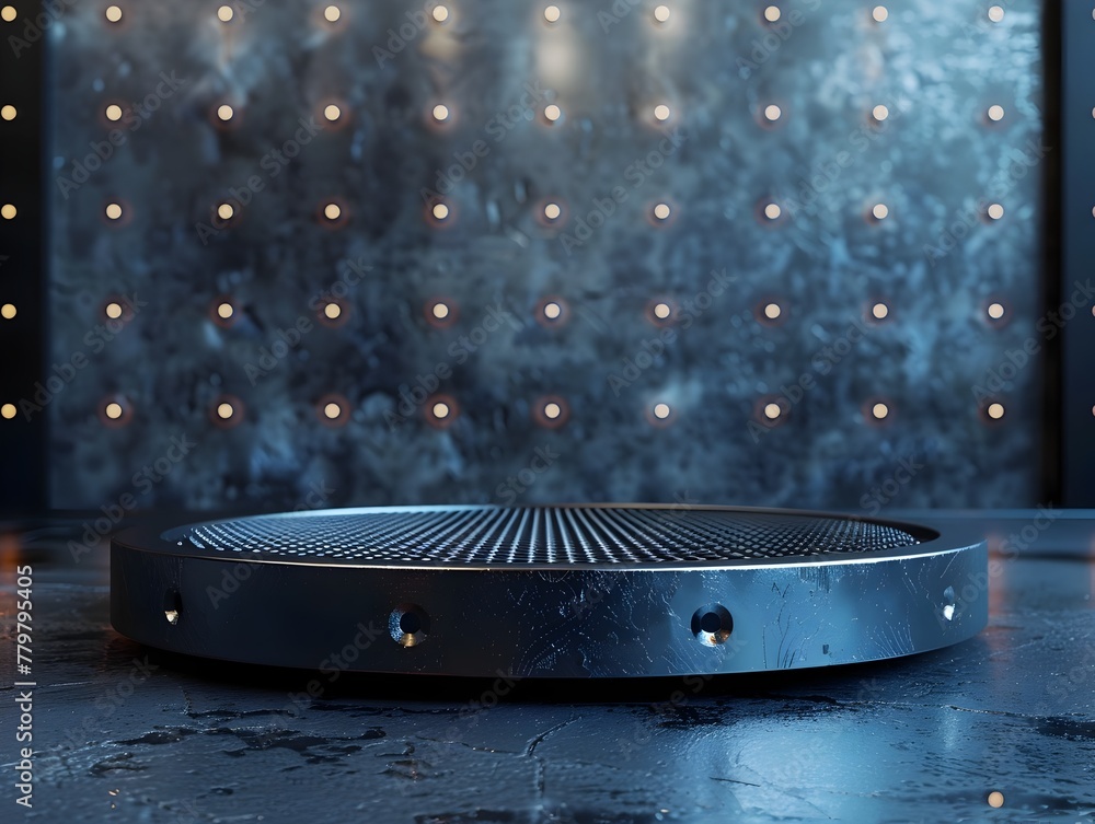 Poster high tech 3d metallic round platform for cutting edge product and presentations with ample copy spac