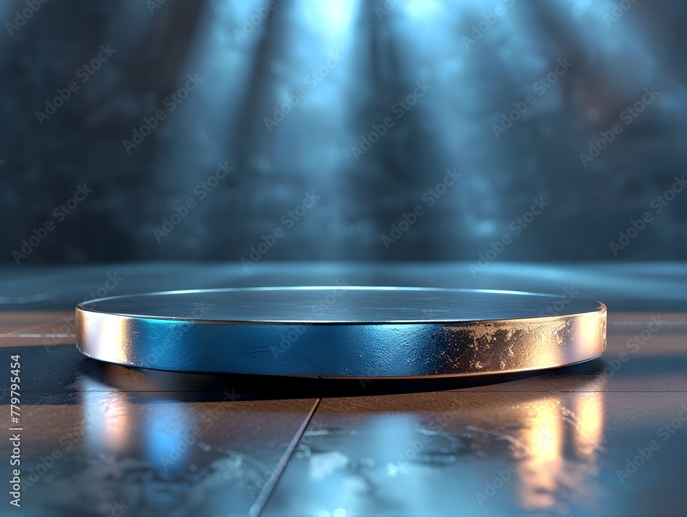 Poster sleek metallic round stage as high tech 3d platform for cutting edge product demos and presentations