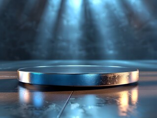 Sleek metallic round stage as high tech 3D platform for cutting edge product demos and presentations