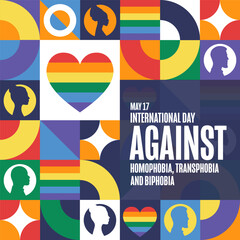 International Day Against Homophobia, Transphobia and Biphobia. May 17. Holiday concept. Template for background, banner, card, poster with text inscription. Vector EPS10 illustration.