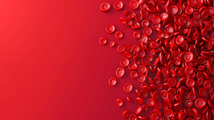 A red background with red blood cells scattered across it. Concept of urgency and danger, as the red blood cells are scattered all over the background. red blood cells medical background banner