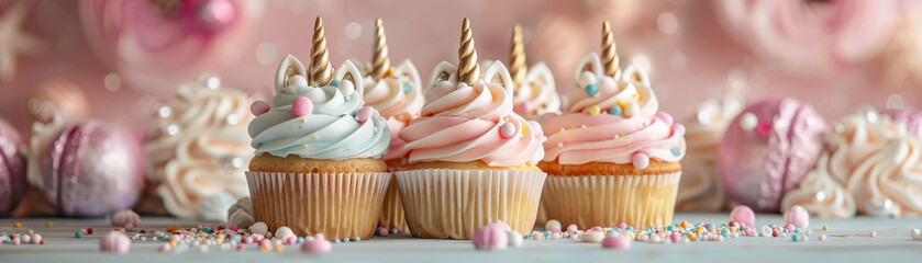 Three cupcakes with pink and blue frosting and sprinkles on top - obrazy, fototapety, plakaty
