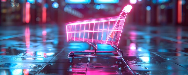 Inspired Neon Lit Shopping Cart for an Electrifying Urban Nighttime Retail Adventure - obrazy, fototapety, plakaty