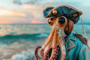 Anthro octopus in sea captain garb, nautical charm, ocean horizon - obrazy, fototapety, plakaty